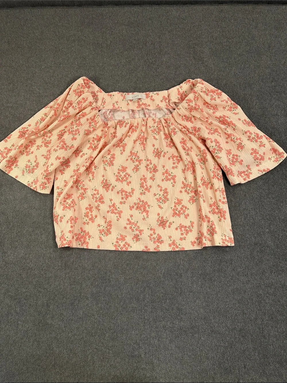 LOFT Peach Floral Square Neck Puff Sleeve Blouse (L)